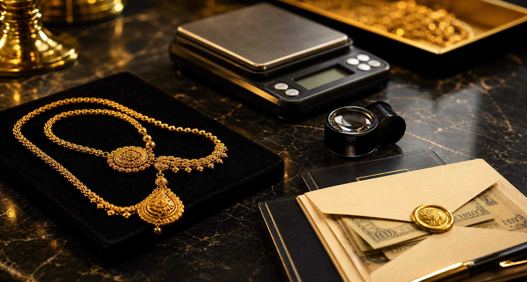 Gold verification scale and jewelry close-up